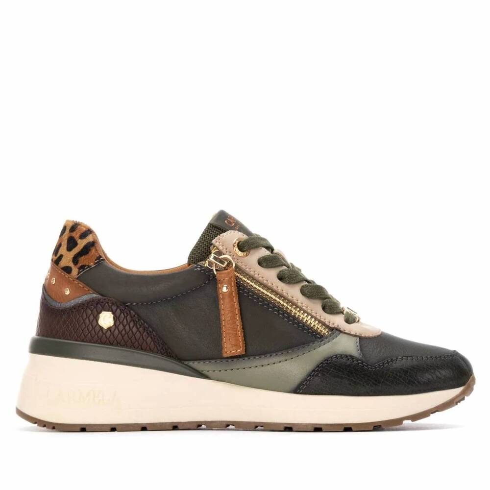 NEW CARMELA women's leather wedge lace-up sneaker in khaki